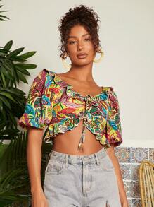 Travachic Vacation Flounce Neckline Puff Sleeve Drawstring Crop Top