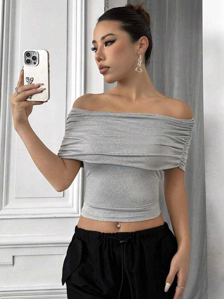 SHEIN Unity Solid Color Slim Fit Ruched Off Shoulder T-Shirt, Going Out Top - Grey - View 1