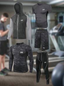 Conjunto deportivo para hombre de 5 piezas con mangas raglán con gráficos de letras y costuras superpuestas, ropa de gimnasio para hombres, traje atlético, conjunto de pantalones cortos para hombres - Gris - Ver 1