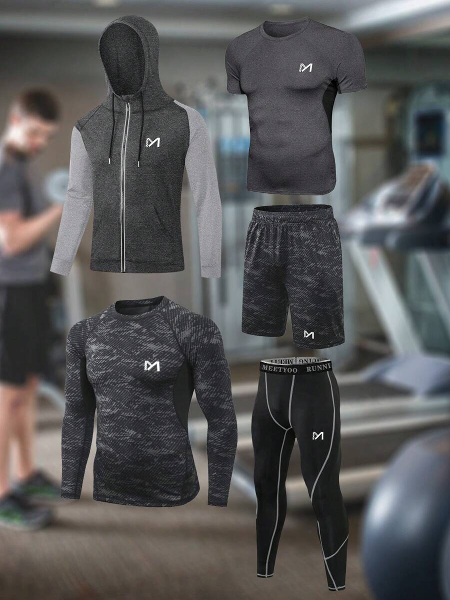 Conjunto deportivo para hombre de 5 piezas con mangas raglán con gráficos de letras y costuras superpuestas, ropa de gimnasio para hombres, traje atlético, conjunto de pantalones cortos para hombres - Gris - Ver 1