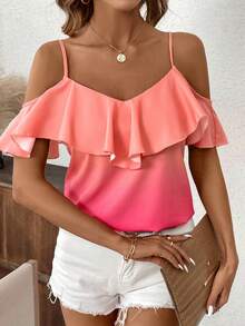 SHEIN Clasi Women's Ombré Off-Shoulder Top With Ruffle Hem Pink Shirt Pink Top - Pink - View 6