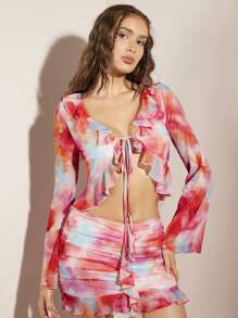 SHEIN BAE 女士領帶、喇叭袖、紮染、荷葉邊下擺印花襯衫