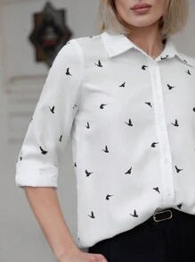 SHEIN Essnce Women's Bird Print Full Sleeve Shirt - Black and White - View 5