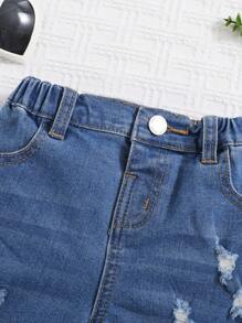 SHEIN 年轻女孩春夏波西米亚风粉色高腰松紧腰破洞牛仔裤洗水牛仔裤短裤 - 中等水洗藍 - 查看 4