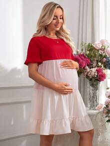 SHEIN Maternity Slouchy Loose Fit Short Sleeve Colorblock Knee Length Dress With Round Neckline, Suitable For Spring And Summer - Multicolor - View 5