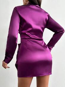 EURMUSE Solid Ruched Wrap Hem Satin Dress - Purple - View 2