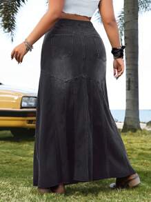 SHEIN ICON Plus Size Women's Denim Ruffle Hem Skirt - Black - View 2