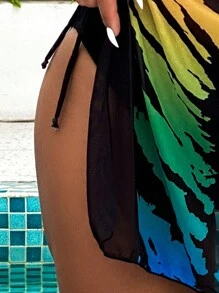 SHEIN Swim Conjunto de bikini con parte superior de cuello de halter ajustado y cubre-todo con estampado corporal para el verano - Multicolor - Ver 3