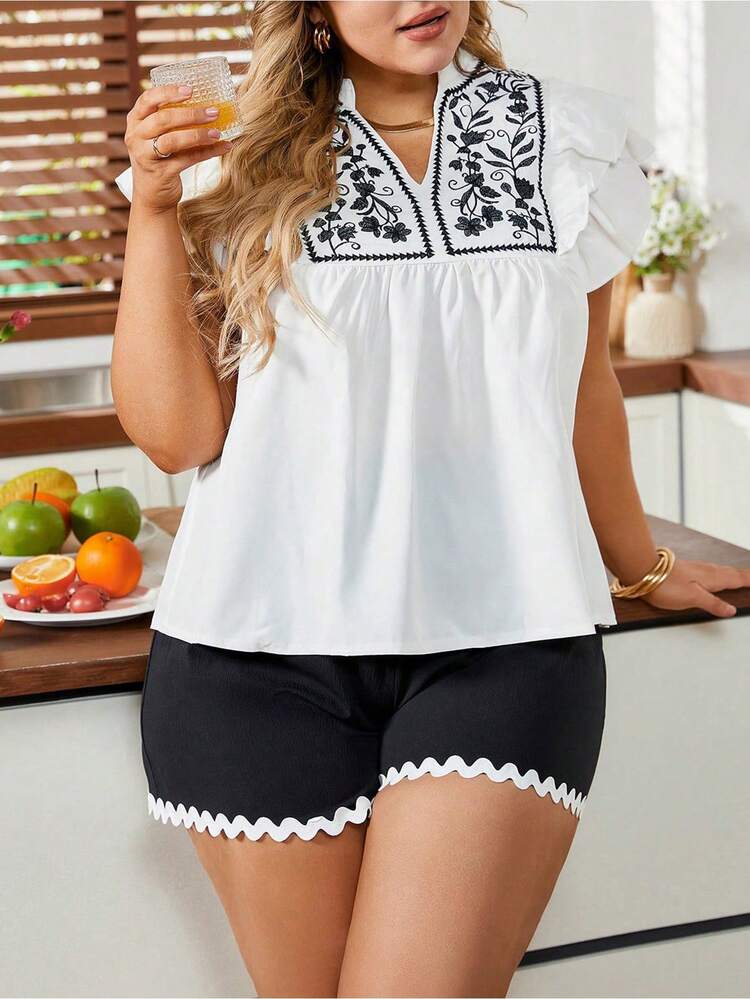 Plus Size Embroidered Double Layer Ruffle Hem Cap Sleeve Top