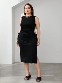 SHEIN Essnce 大尺碼女款鏤空腰部無袖連身裙 - 黑色 - 查看 3