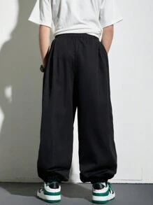 SHEIN 青春期男孩的休閒和假日風格宽松实色慢跑褲,带有斜口袋和袖口 - 黑色 - 查看 3