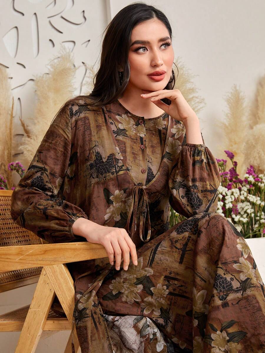 Seusyu 花卉印花圆领修身喇叭裙和灯笼袖外套两件套 - 棕色 - 查看 1