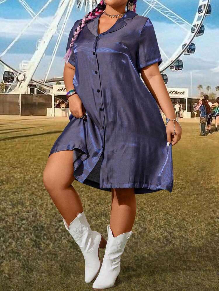 Plus Size Women's Short Sleeve Shirt Dress With Single Breasted Closure