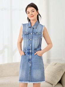 Teen Girl's Street Style Cool Medium Blue Wash Raw Edge Button Front Sleeveless Denim Dress, Cinching Waist