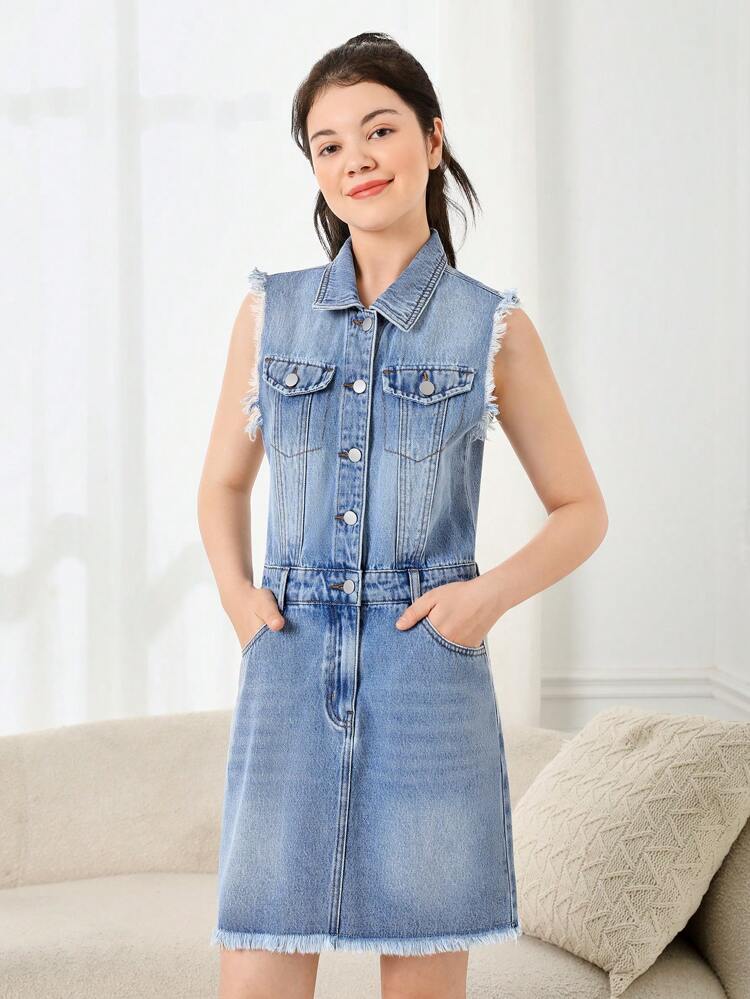 Teen Girl's Street Style Cool Medium Blue Wash Raw Edge Button Front Sleeveless Denim Dress, Cinching Waist