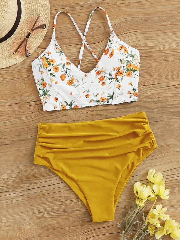 SHEIN Swim Summer Beach Floral Patchwork Print V-Neck Bikini Set, Bikini Set