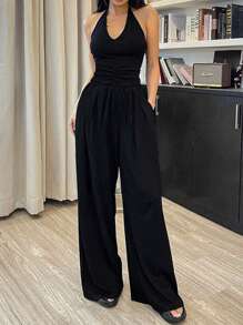 SHEIN X SAMADHI SHEIN Unity 純色夏季休閒露背寬腿連身褲 - 黑色 - 查看 5