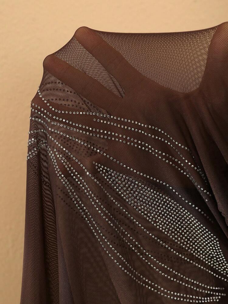 Plus Size Rhinestone Embellished Long Sleeve Bodysuit With Small Stand Collar