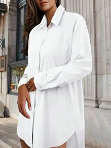 Women's Solid Color Oversized Drop Shoulder Shirt,Long Sleeve Tops - White - View 3