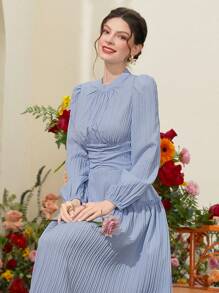 Modelyn 女款純色燈籠袖連衣裙 - 藍色 - 查看 8