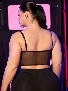 SHEIN SXY 大尺碼音樂節緊身網眼鑲鑽流蘇吊帶背心上衣 - 黑色 - 查看 2