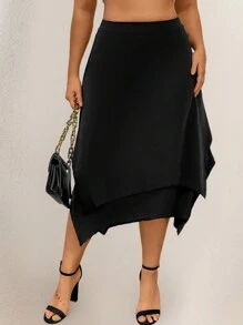 SHEIN LUNE 大碼素色手帕下擺半身裙 - 黑色 - 查看 5