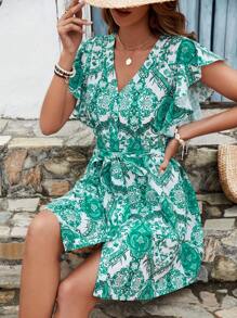 SHEIN Frenchy 夏季服裝女士花卉拼接荷葉邊綠色連衣裙 - 彩色 - 查看 1