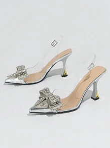 Women's Rhinestone Bowknot Decor Pointed Toe Stiletto High Heel Pvc Shoes For Elegant & Charming Party And Dancing Valentines