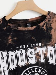 SHEIN EZwear Áo thun nữ Lá thư Cà vạt nhuộm Giải trí - Màu be - Xem 3