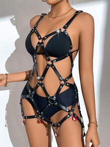 Spicy Aura Women's Leather Lingerie Dress With Round Rings, One-Piece Outfit - Black - View 5