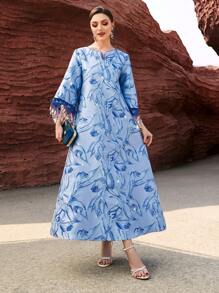 Layrah Blue Jacquard Glitter Trimmed Sleeves Arabic Long Kaftan Dress, Elegant Luxury Evening Party Style - Blue - View 5