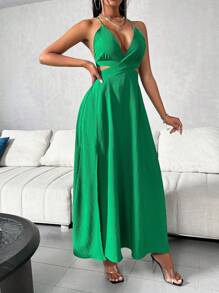 Chiquease Đầm Maxi hở lưng, xẻ cao, hở lưng, cổ yếm, màu trơn cho nữ - màu xanh lá - Xem 5