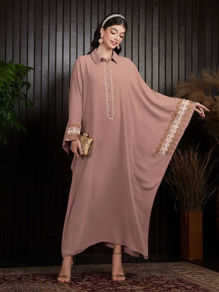 Women's Floral Patchwork Embroidery Batwing Sleeve Turkish Long Shirt Kaftan With Collar