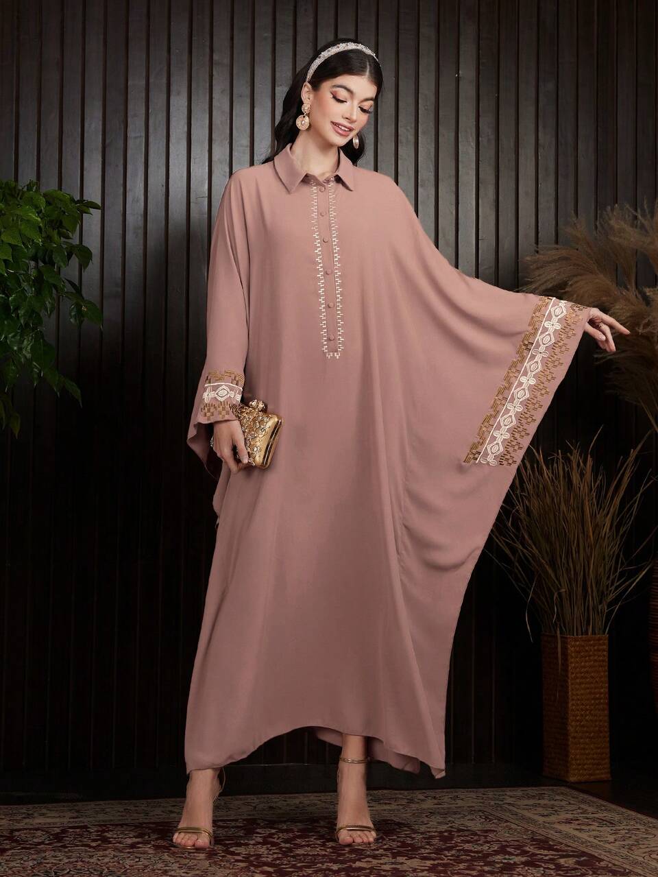 Women's Floral Patchwork Embroidery Batwing Sleeve Turkish Long Shirt Kaftan With Collar