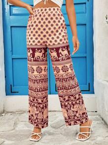 SHEIN LUNE Women's Elastic Waist Flower & Animal Pattern Printed Pants - Multicolor - View 3