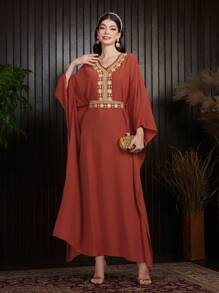 Al Najma 女士短袖蝙蝠袖刺繡裝 - 橘色 - 查看 8