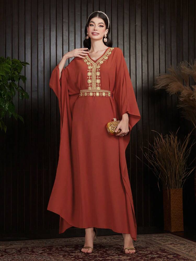 Women's Batwing Sleeve Dress With Embroidered Design Kaftan Jalabiya Dress