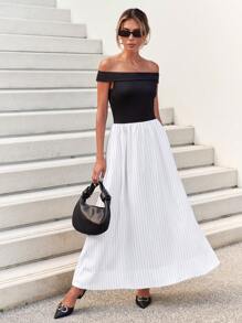 SHEIN Essnce Women's Off Shoulder Splicing Striped Colorblock 2 In 1 Dress - Black and White - View 8