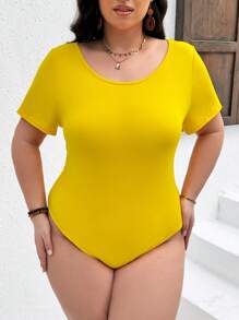 SHEIN CURVE+ 大尺碼女士純色圓領短袖連身衣 - 黃色 - 查看 1