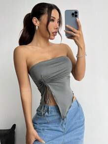 SHEIN EZwear Parte superior tubo con bajo asimétrico y cordón para mujer - Gris - Ver 6