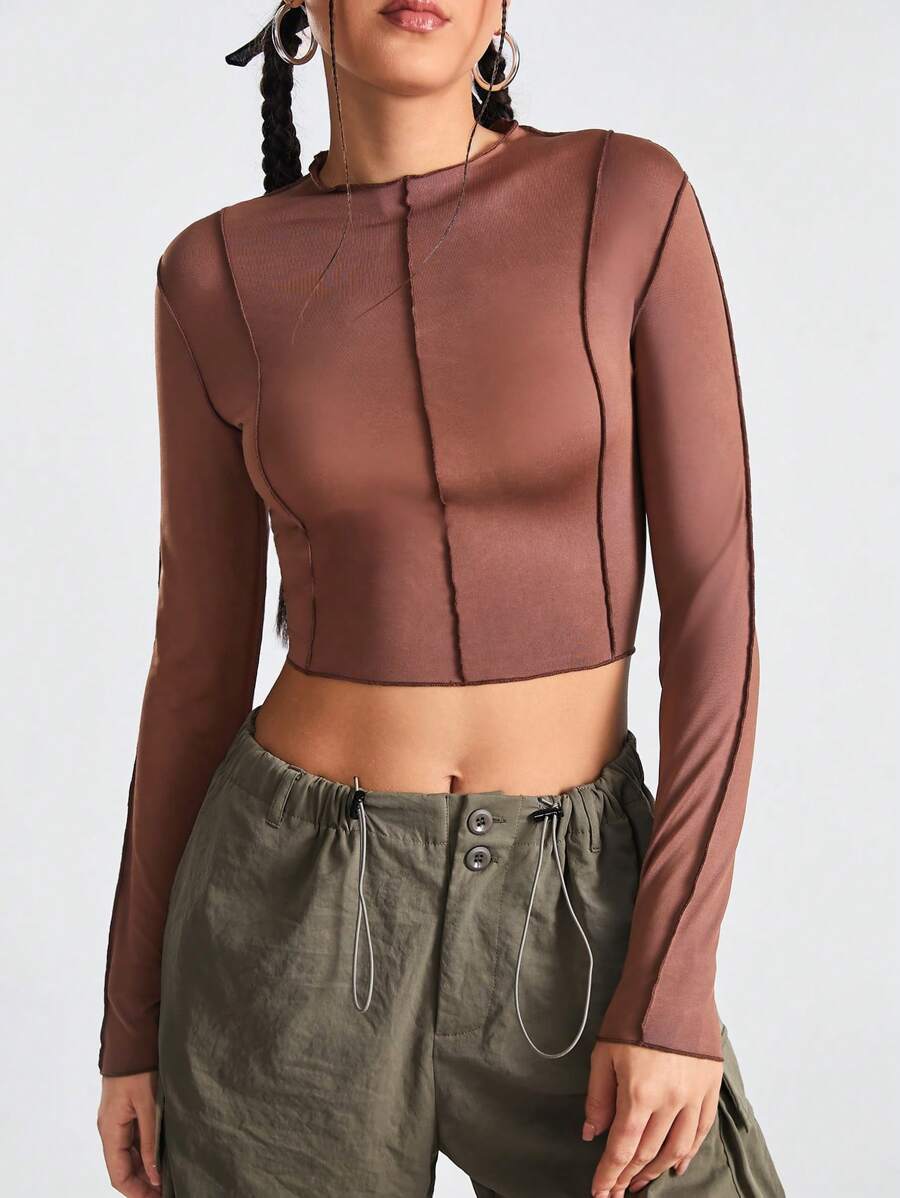 Gameset SHEIN Sport Của phụ nữ Màu thuần Tay áo dài Thể thao Áo thun - Lạc đà - Xem 1