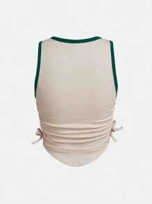SHEIN 少女字母犬印花彩塊束腰百褶休閒背心上衣 - 綠色 - 查看 2