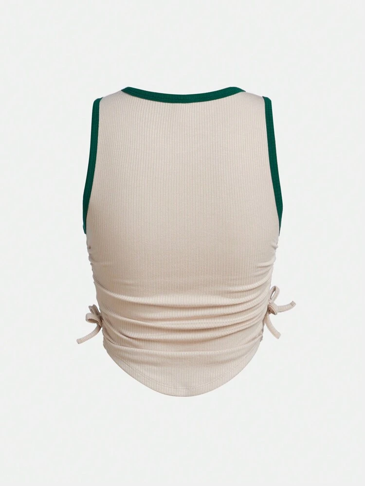 Teen Girl's Letter & Dog Printed Color Block Drawstring Pleated Casual Tank Top