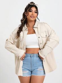 SHEIN EZwear 加大號下垂肩褶邊牛仔外套 - 卡其色 - 查看 1