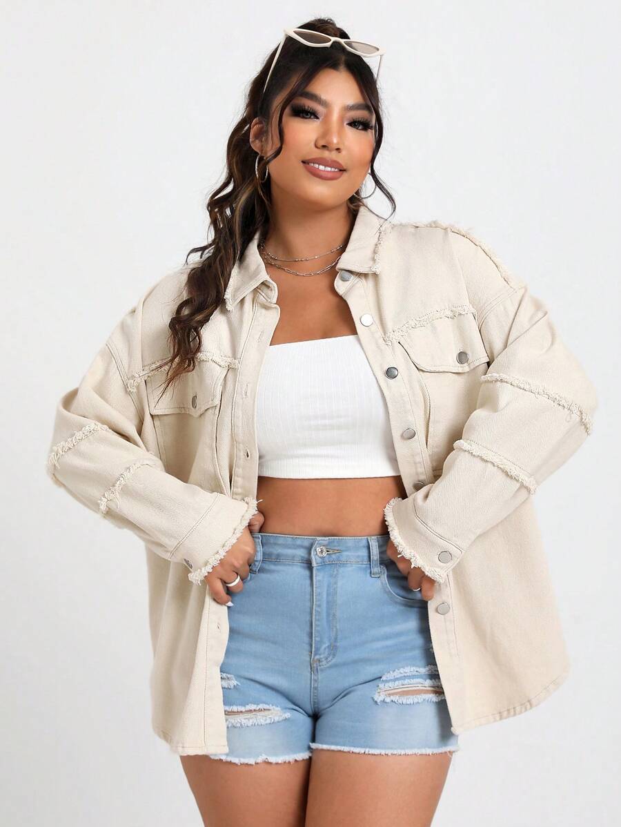 SHEIN EZwear 加大號下垂肩褶邊牛仔外套 - 卡其色 - 查看 1