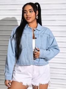 CovetEZ Plus Size Short Cut Denim Jacket With Drop Shoulder - Blue - View 3
