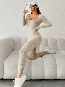 SHEIN PETITE Solid Color Ribbed Knit Long Sleeve Jumpsuit - Apricot - View 4