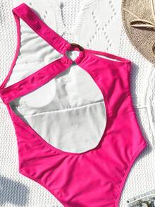 SHEIN Swim 夏季纯色露背连体泳衣 - 玫紅色 - 查看 4