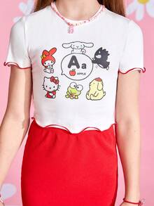 HELLO KITTY AND FRIENDS | SHEIN Chica Pre-adolescente Letra Y Gráfico De Dibujos Animados En Contraste Camiseta Con Ribete De Lechuga & Falda - Rojo y blanco - Ver 8