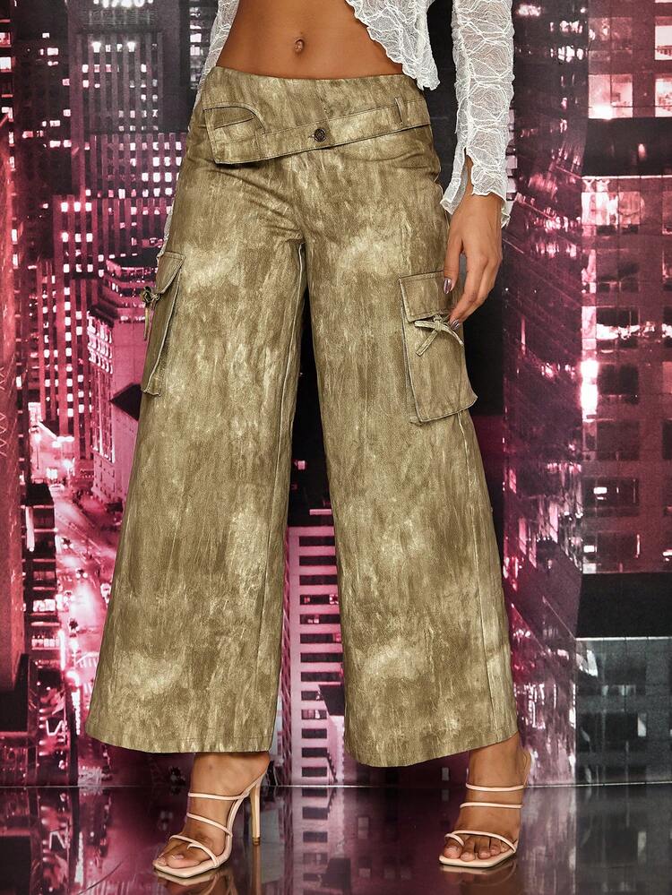 Tie-Dye Fold-Over Waist, 3d Pocket, Wide-Leg Cargo Pants Suitable For Spring/Summer Daily Wear, Street Style, Music Festival Or Holiday Party Outfits